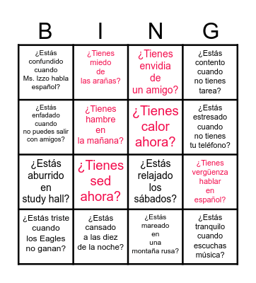 Ch. 8.2 -- Estoy......  Tengo..... "feelings" Bingo Card