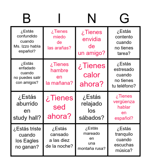 Ch. 8.2 -- Estoy......  Tengo..... "feelings" Bingo Card