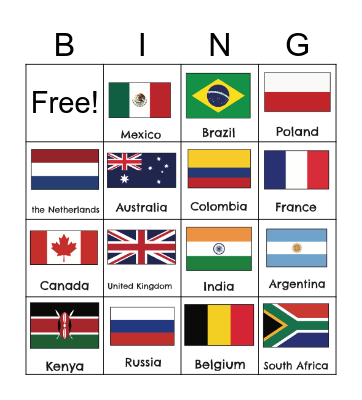 Countries Flag Bingo Card