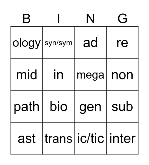 Prefix/Suffix #1 Bingo Card