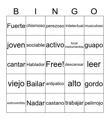 Spanish Adjectives Bingo Card
