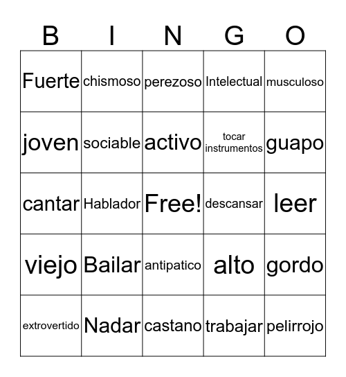 Spanish Adjectives Bingo Card