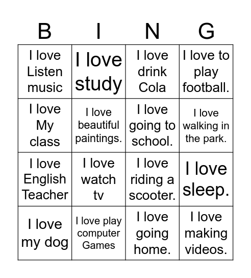 I love Bingo Card