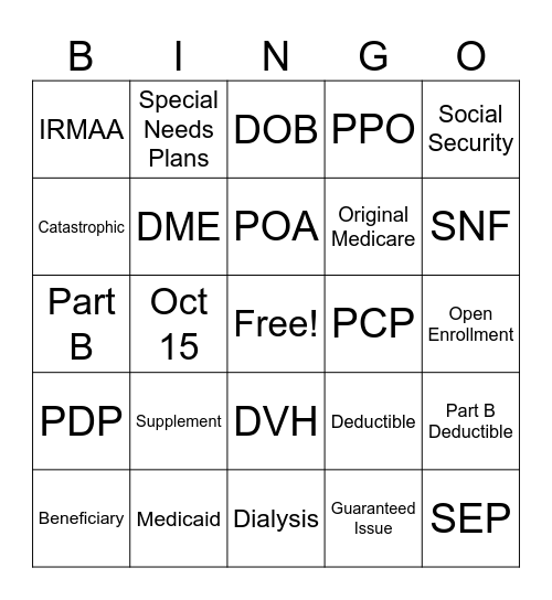 Medicare Terms Bingo Card