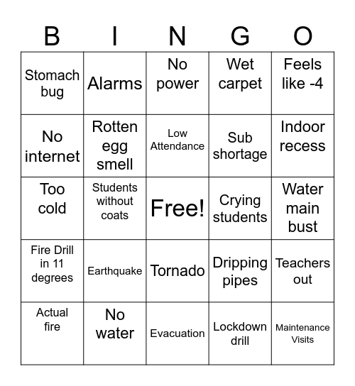 School Should Have Been Canceled Bingo Card