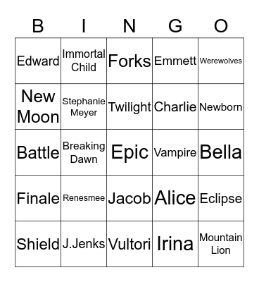 TWILIGHT BREAKING DAWN PT.2 Bingo Card