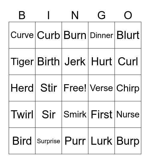 ir, ur, er BINGO! Bingo Card