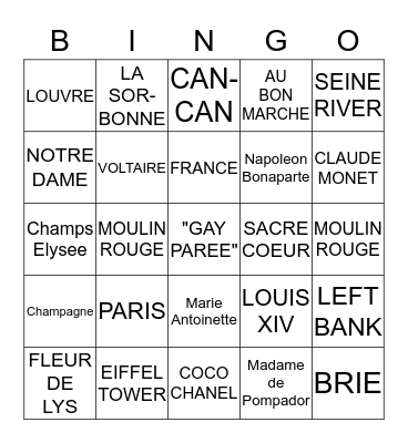 PARIS PARTY BINGO Card