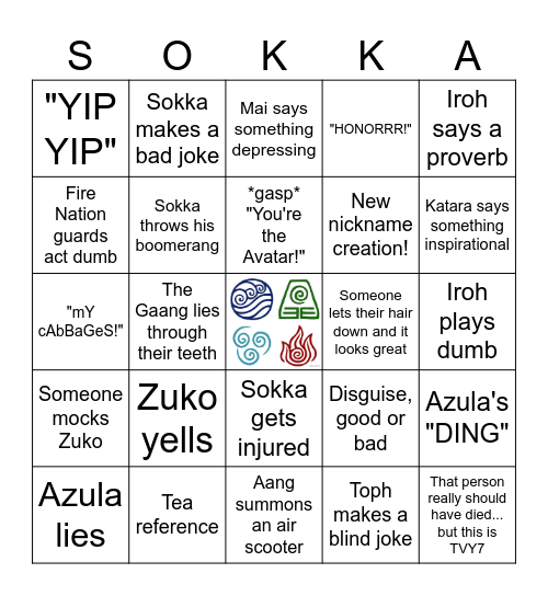 Avatar the Last Airbender Bingo Card