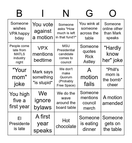 MES Council Bingo Card