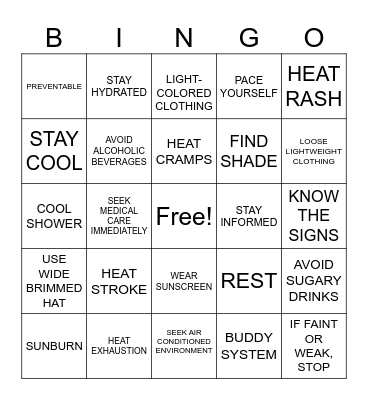 HEAT RELATED ILLNESSES Bingo Card