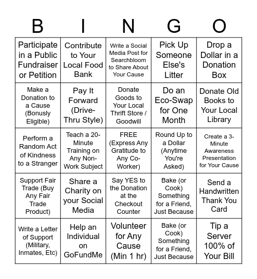 Searchbloom's Give-A-Thon Bingo Card