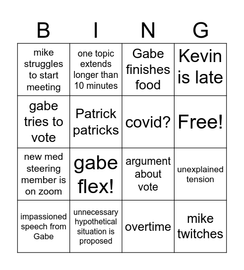 CFC Board Meeting Bingo Card