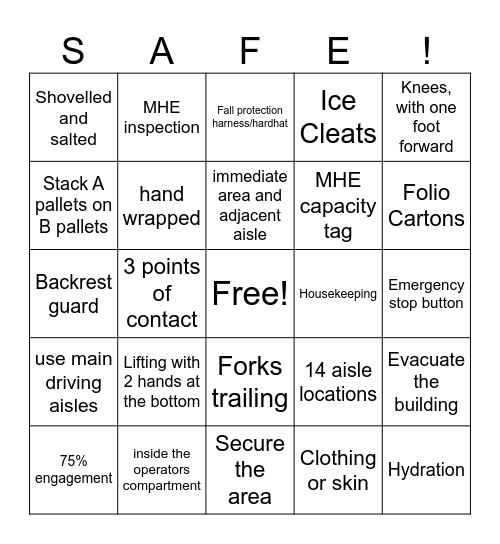 Menasha Safety Bingo Card