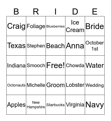 Michelle's Bridal Shower Bingo Card