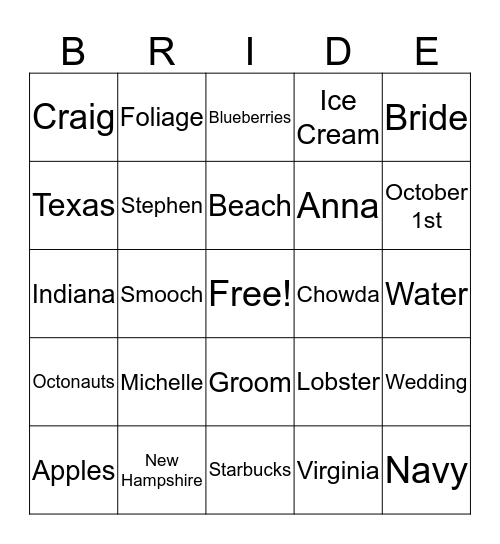 Michelle's Bridal Shower Bingo Card