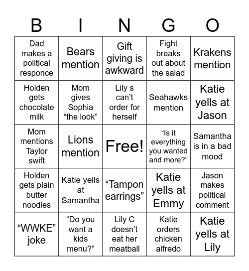 Lily’s Olive Garden Party Bingo Card