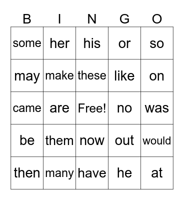 Heart Word BINGO Card
