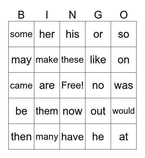 Heart Word BINGO Card