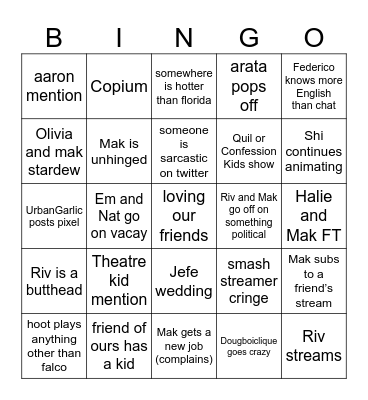 Riv and Mak’s Friends 2024 Bingo Card