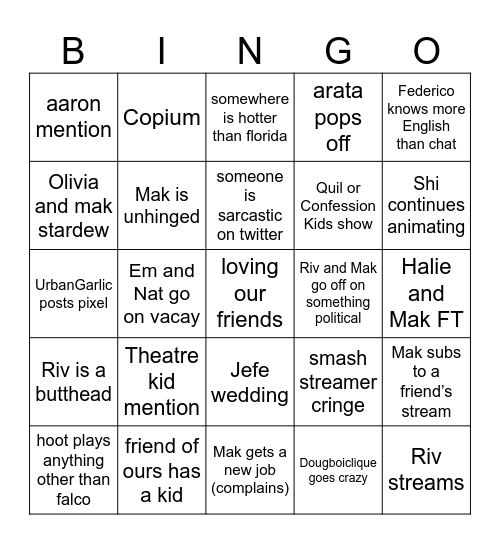 Riv and Mak’s Friends 2024 Bingo Card