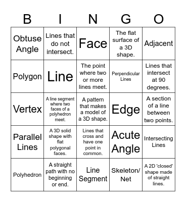 Shape and Space Bingo Card