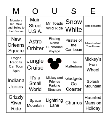Disneyland Bingo Card
