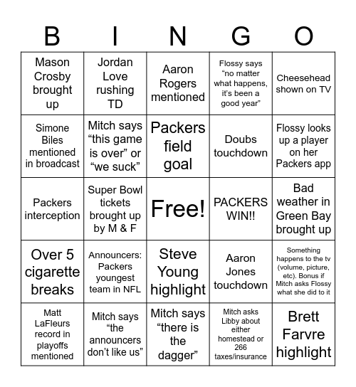 Packers vs Niners Bingo Card