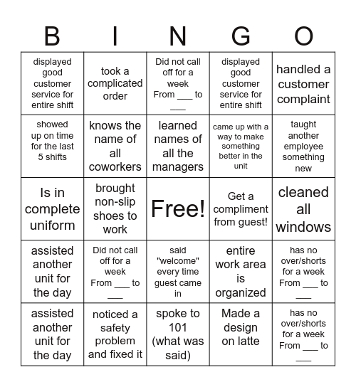 Coffeebean Bingo!! Bingo Card