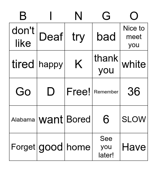 ASL Bingo Card