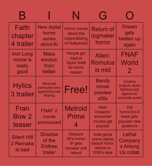 Lilli’s 2024 Media/Entertainment Bingo Card