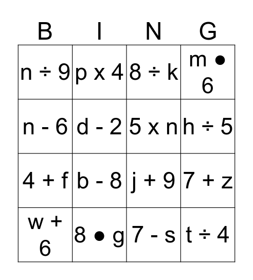 Expressions Bingo Card