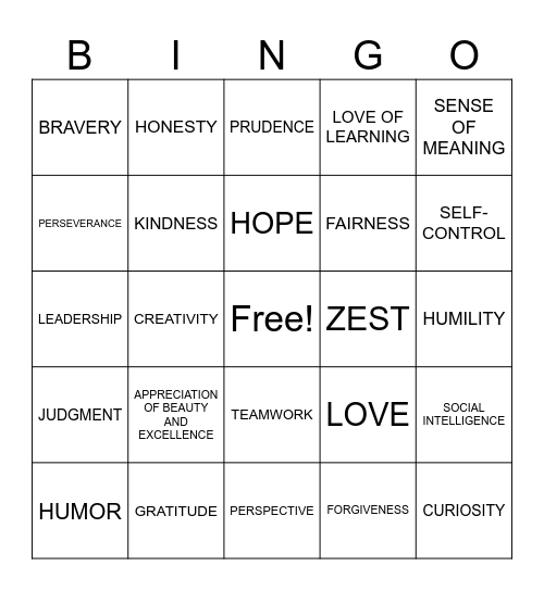 CHARACTER STRENGTHS Bingo Card