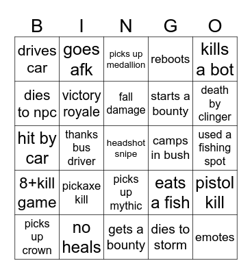 fortnite Bingo Card