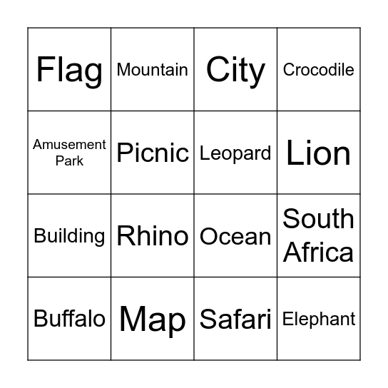 South Africa Bingo Card