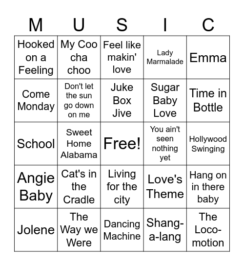 Top Songs of 1974 Bingo Card