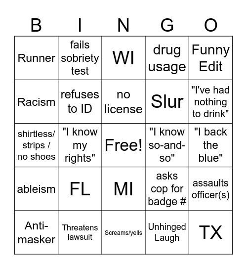 Bodycam Bingo Card