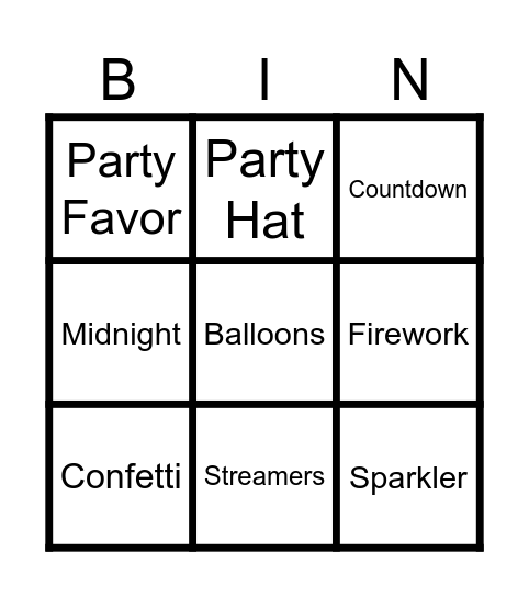 New Years Bingo Card