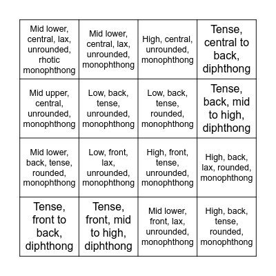English Vowels Bingo #1 Bingo Card