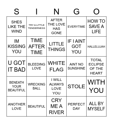 883 SAD SONGS Bingo Card