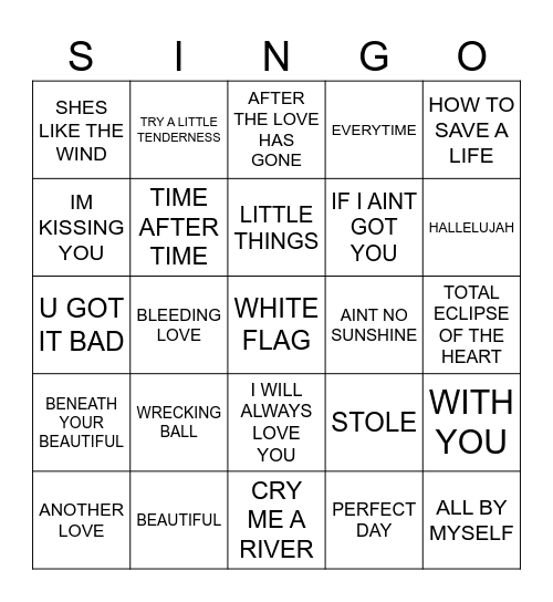 883 SAD SONGS Bingo Card