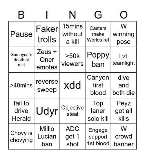 T1 vs GENG Bingo Card Bingo Card