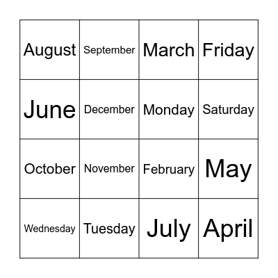 Day and months Bingo Card