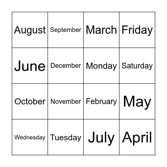 Day and months Bingo Card
