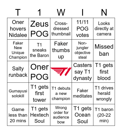 LCK T1ngo Bingo Card