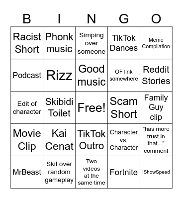 YouTube Shorts Bingo Card