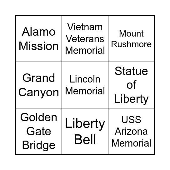 US Monuments! Bingo Card