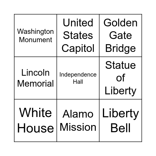 US Monuments! Bingo Card