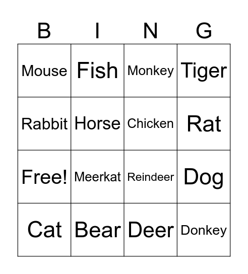 Disney Cartoon Animals Bingo Card