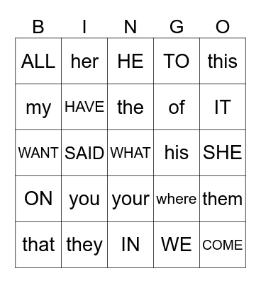 SIGHT WORDS Bingo Card